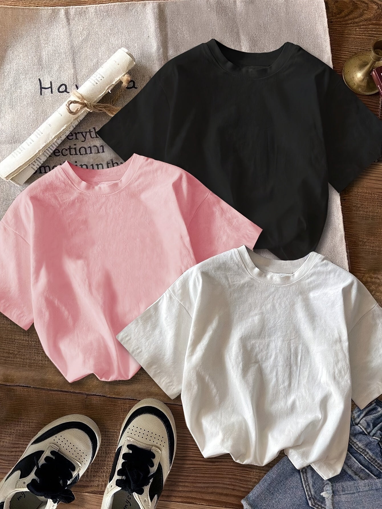 Women’s Summer Cropped T-Shirts Set of 3 with Star and Letter Prints Cotton Polyester Crew Neck Short Sleeve