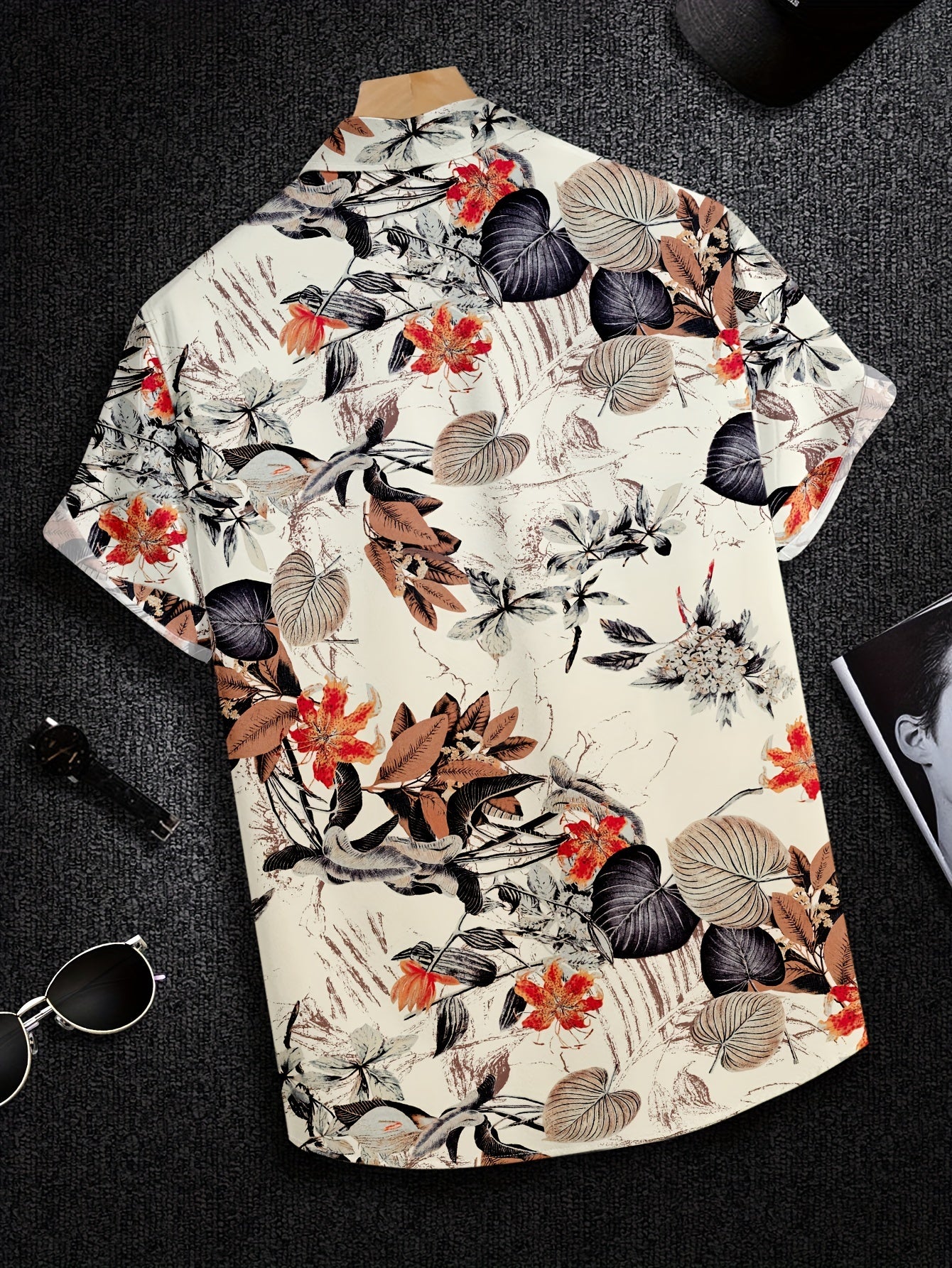 Men's Short Sleeve Shirt with Leaf Print Breathable Polyester Casual Vacation Wear