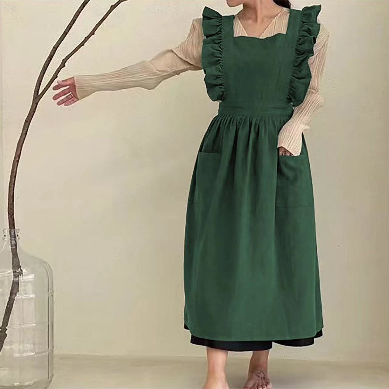 Women's Woven Fabric Apron with Pockets Solid Color 180gsm