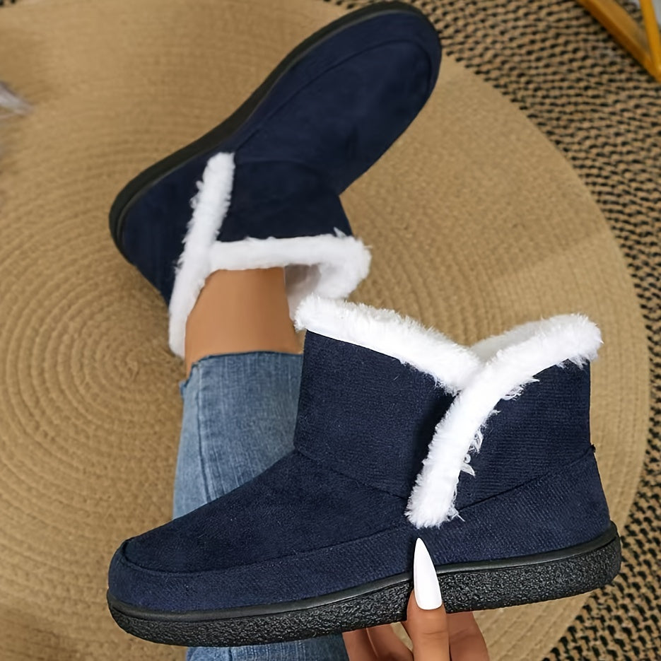 Women's Fleece-Lined Ankle Boots Casual Slip-On Short Boots Rubber Sole