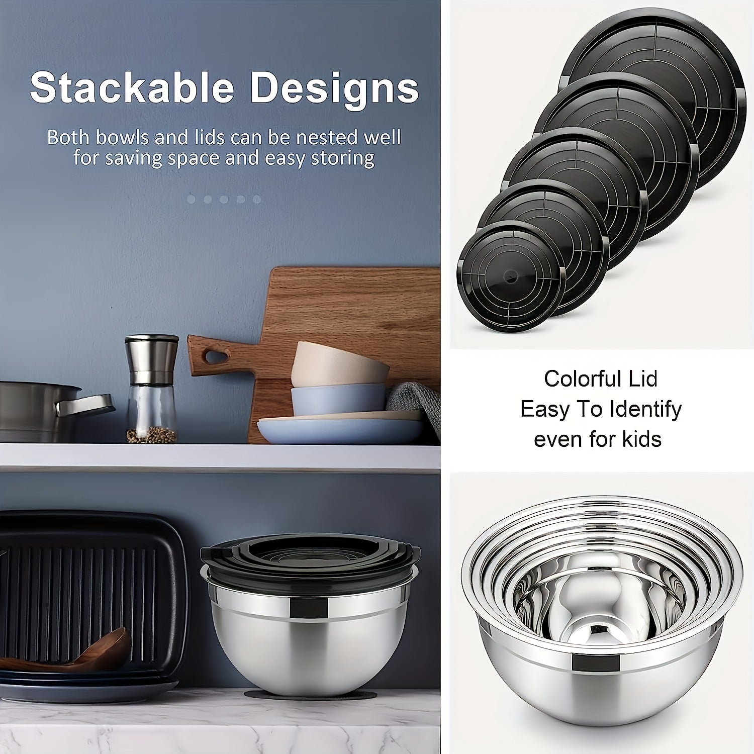 5pcs Stainless Steel Nesting Bowls Set with Airtight Lids for Baking and Serving