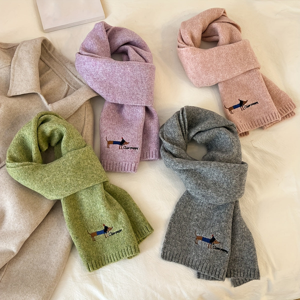 Women's Gray Wool Blend Knit Puppy Scarf Embroidered Neck Warmer Winter Windproof