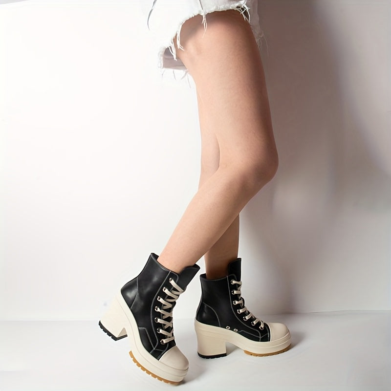 Women's Chunky Platform Ankle Boots Faux Leather Lace-Up Sneakers