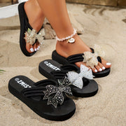 Women's Summer Floral Slide Sandals with Sparkling Bow Black Fabric Open Toe Flat Shoes