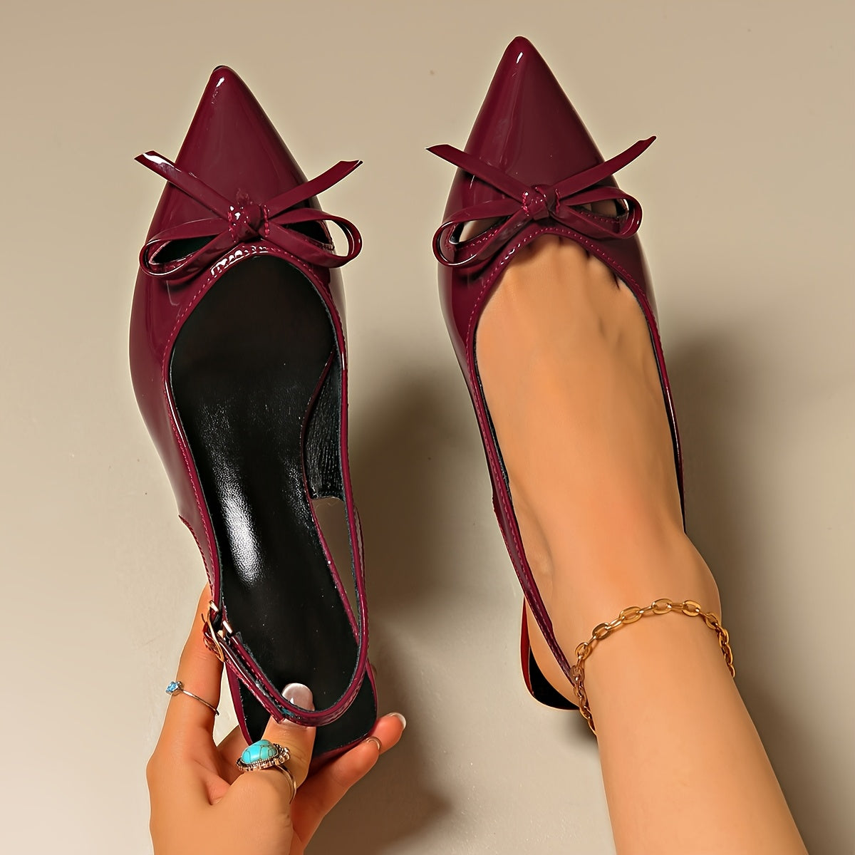 Women's Synthetic Pointed Toe Stiletto Heels with Bow Detail, Metallic Accents