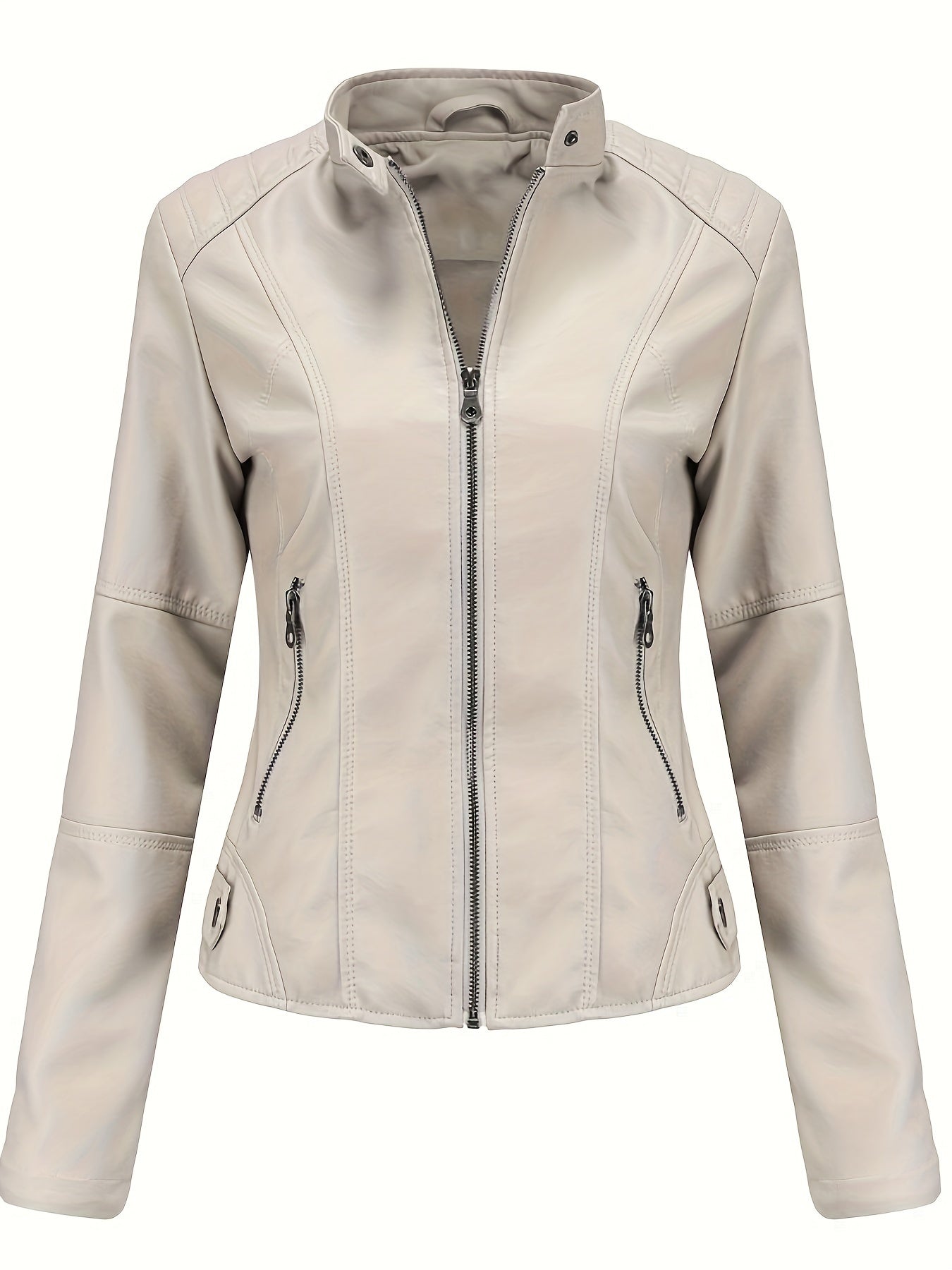 Women's Beige Biker Style Jacket for Spring Fall Zipper Stand Collar Pockets