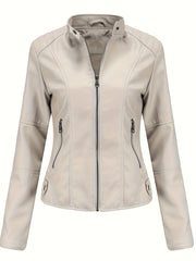 Women's Beige Biker Style Jacket for Spring Fall Zipper Stand Collar Pockets