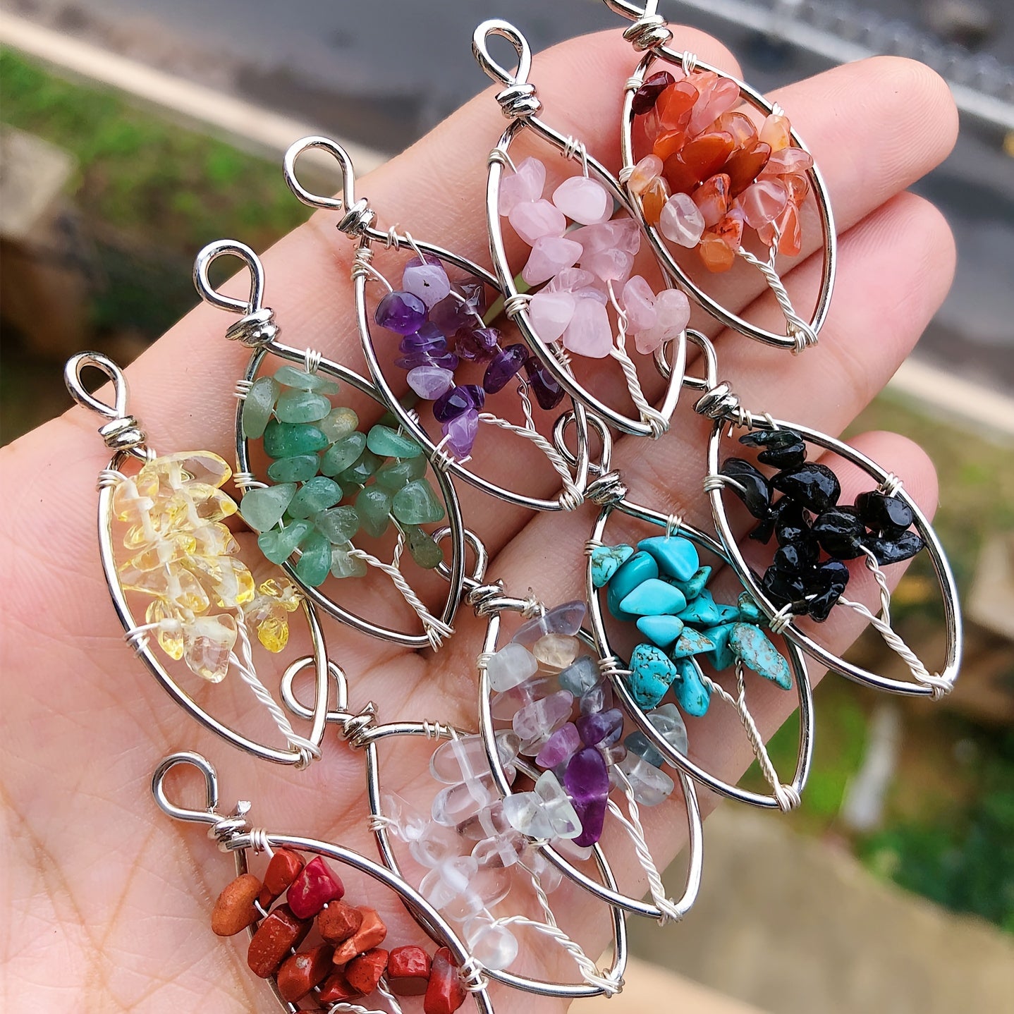 Set of 10 Tree of Life and Eye Pendants with Natural Crystal Stones for Jewelry Making