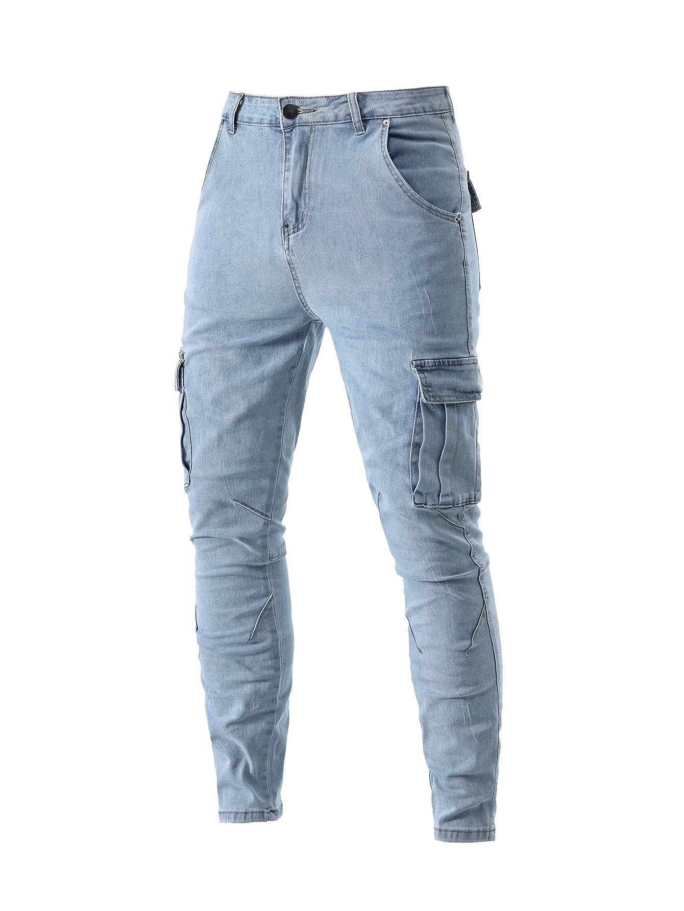 Erkaklar uchun elastik denimdan tayyorlangan, ko'p cho'ntakli dizayni bilan slim fit kargo jinsilari, ko'cha uslubi va barcha mavsumlar uchun ideal.