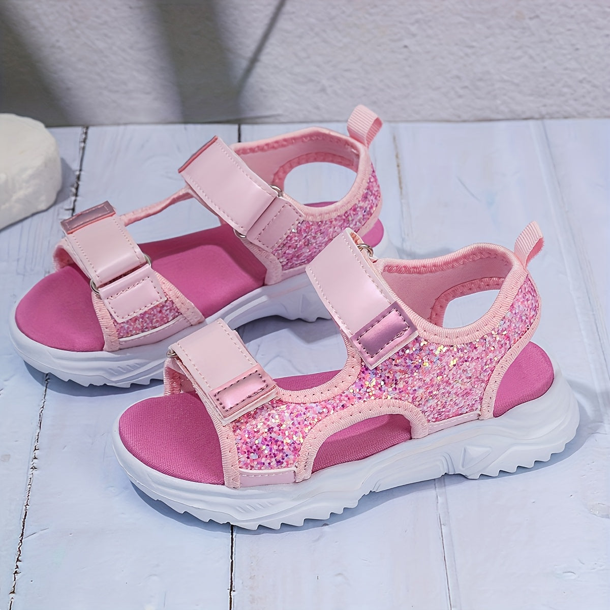 Girls Pink Glitter Sandals Lightweight Breathable EVA Sole Adjustable Straps for Summer Casual Wear
