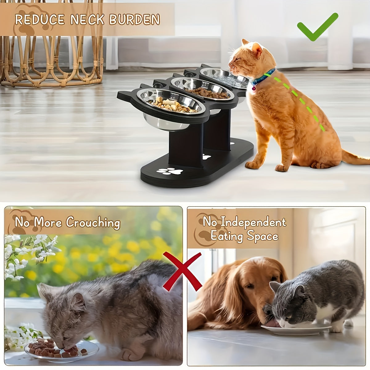 Adjustable Elevated Cat and Small Pet Food Bowl with Stainless Steel Stands