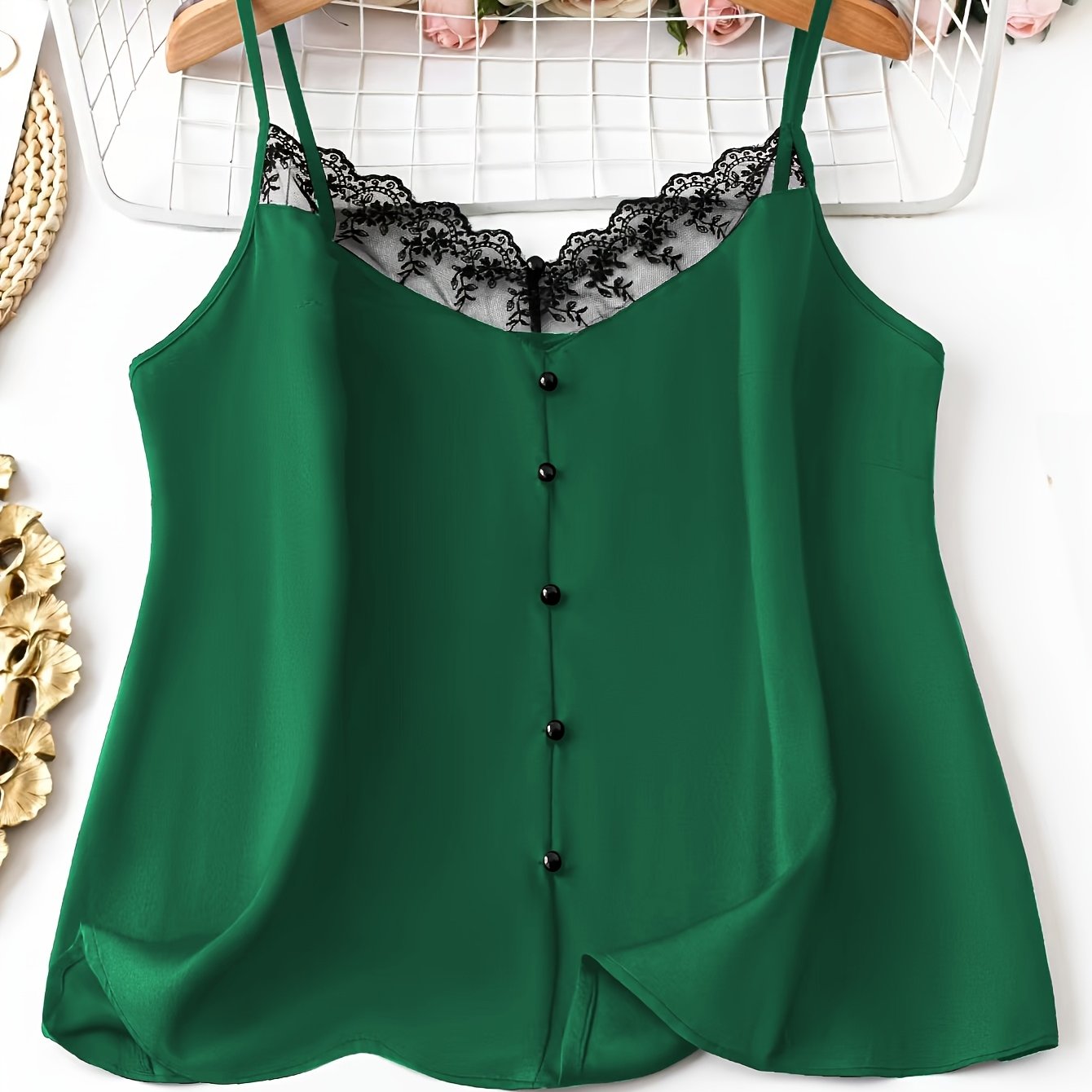 Top de tirantes sin mangas de talla grande con escote en V y paneles de encaje floral para verano