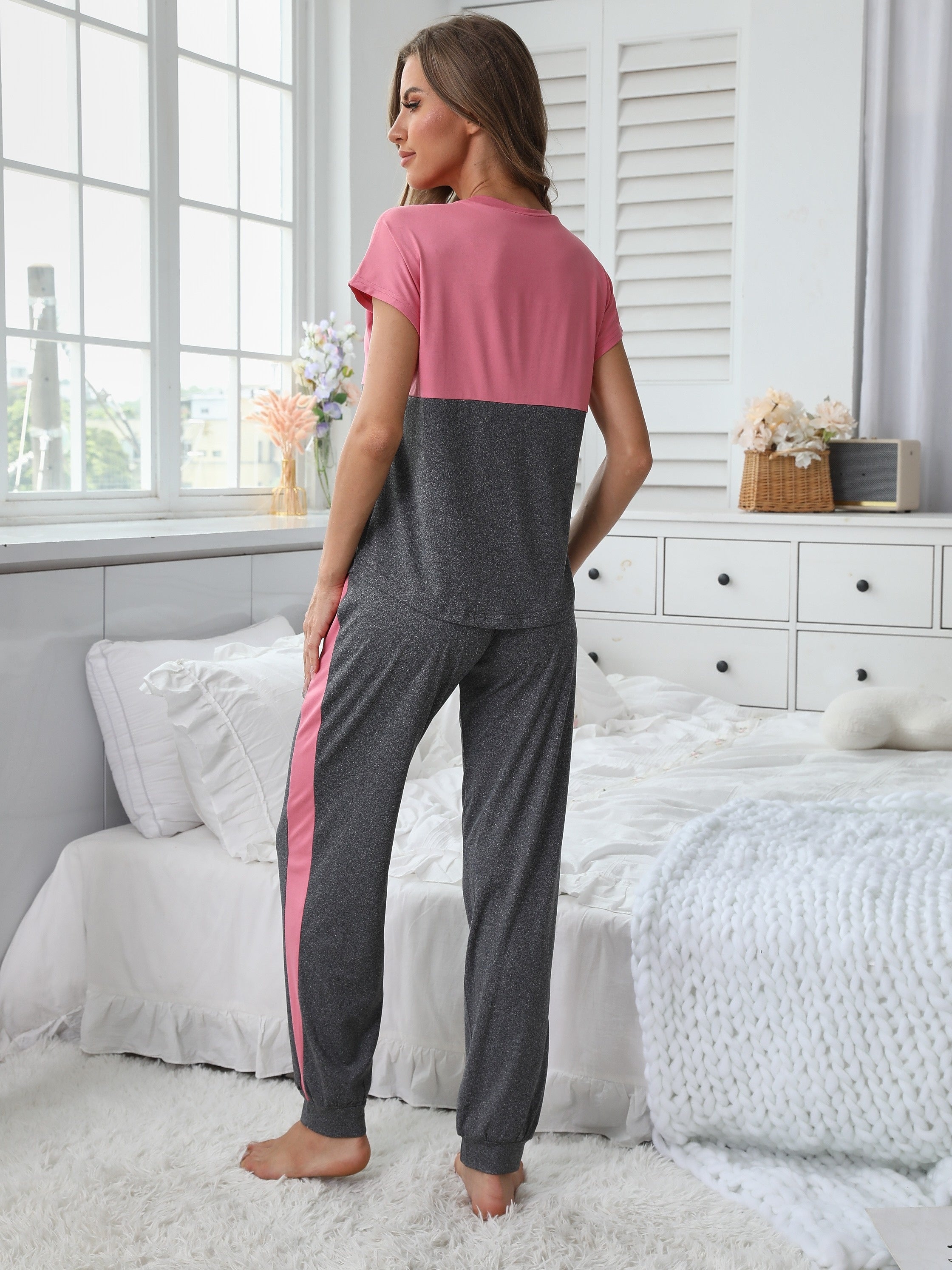 Women's Colorblock Letter Print Pajama Set Short Sleeve Top Long Pants Polyester Blend
