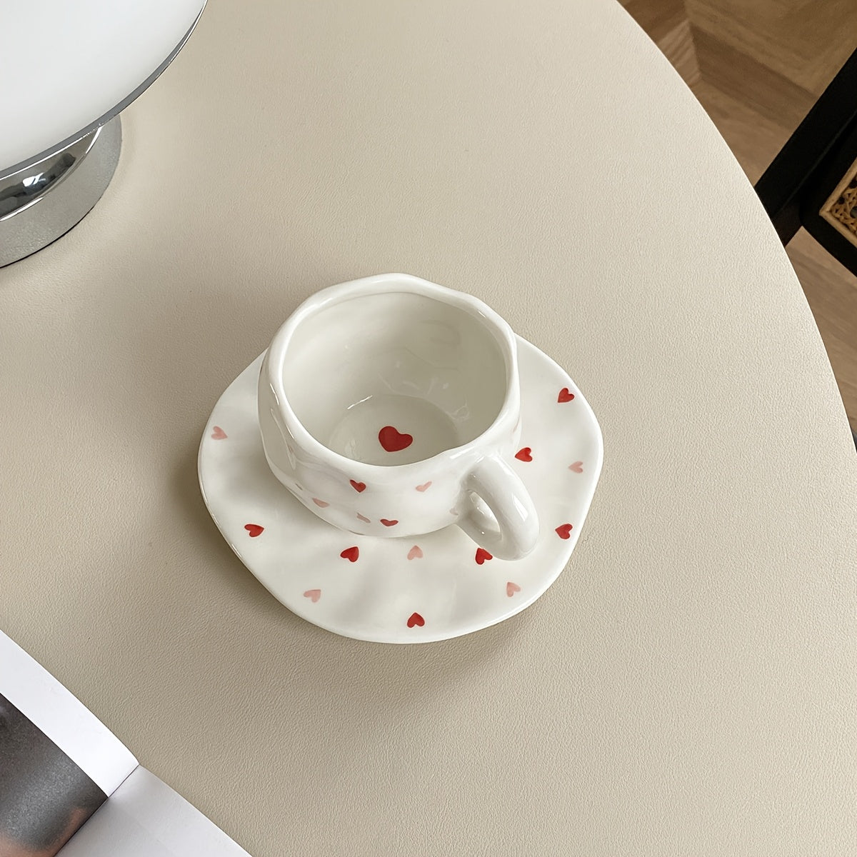 Valentine's Day Irregular Ceramic Coffee Mug and Saucer Set with Hand-Kneaded Texture