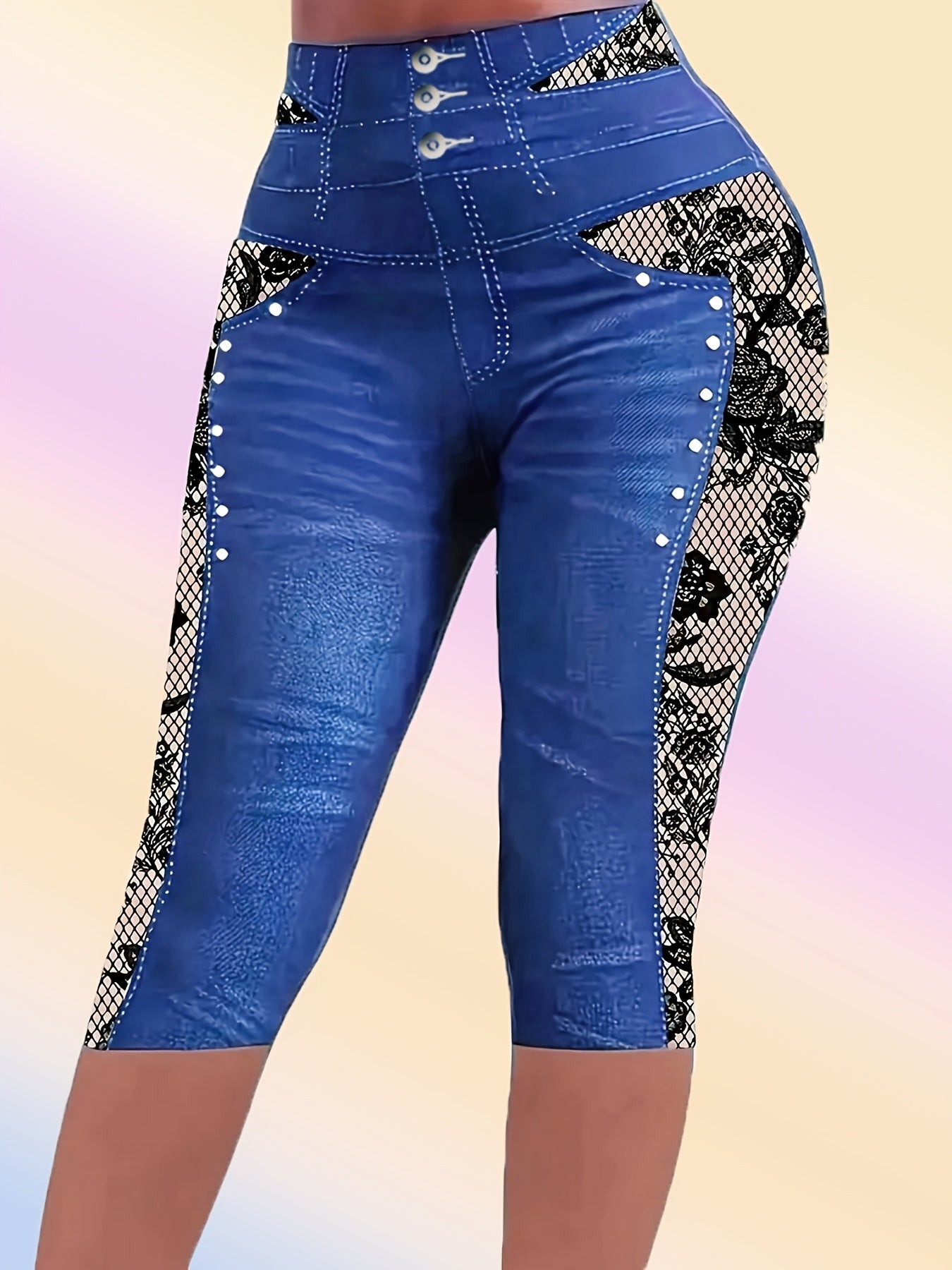 Leggings de mezclilla de talle alto para mujer de tallas grandes con estampado de encaje de calavera