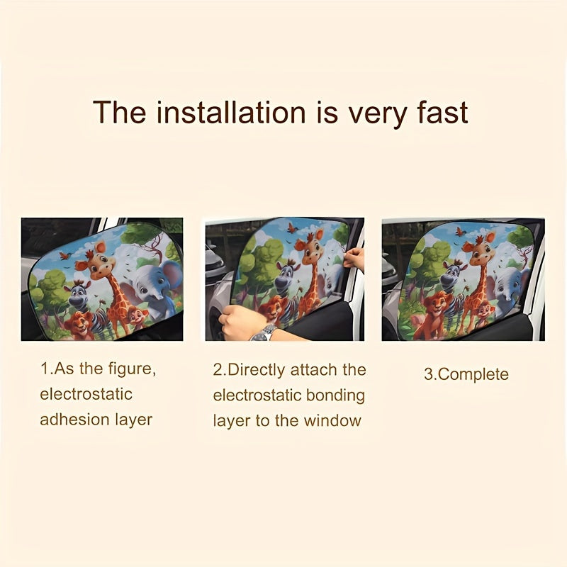 2-Pack Cartoon Animal Nylon Car Sunshades Universal Fit Window Curtains Cooling Insulation Shades