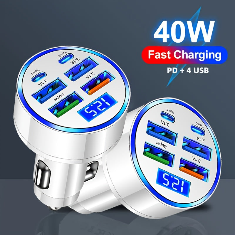 Digital Display Car Charger Dual PD Fast Charging 6-in-1 Multi-Function
