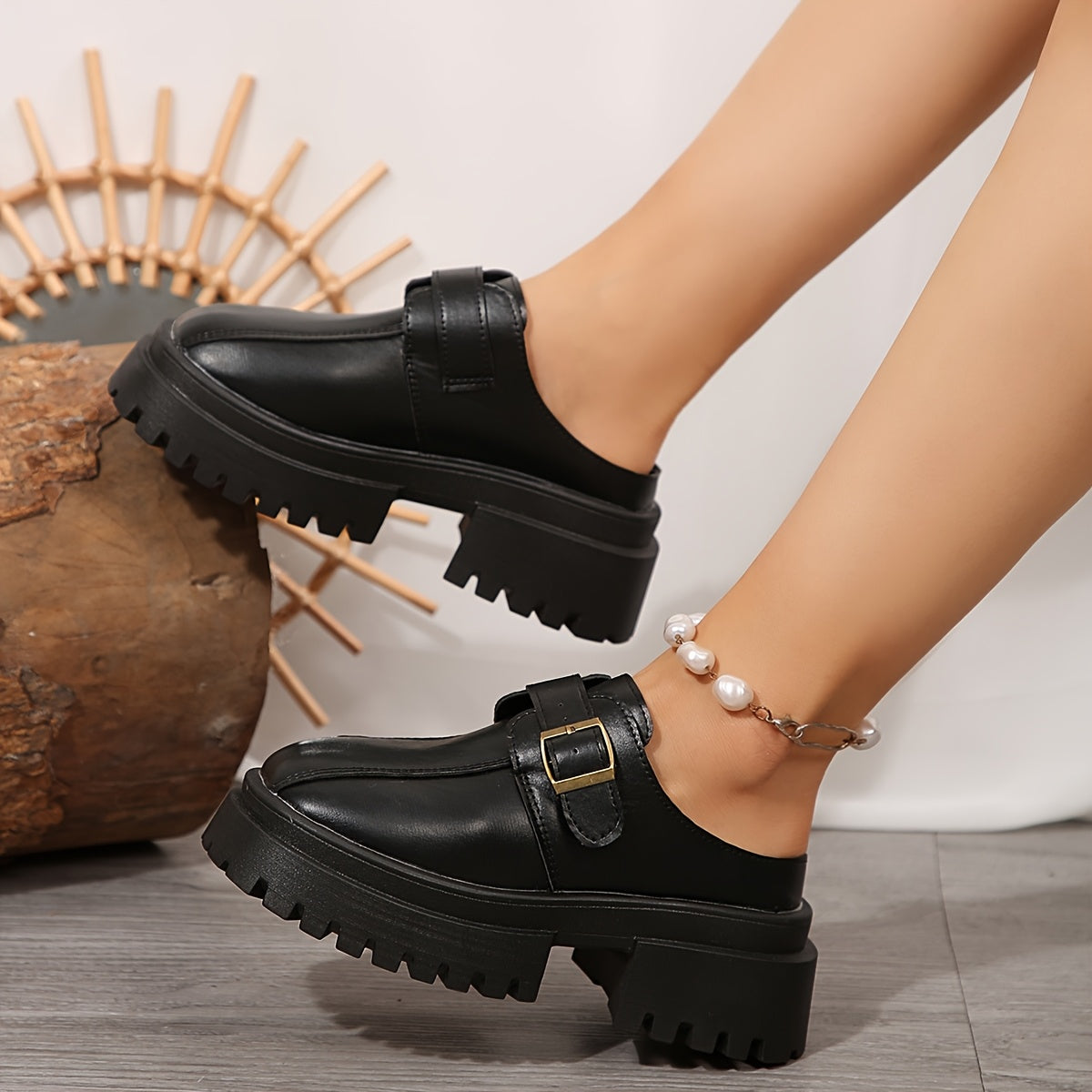 Women's Mules Solid Color Slip-On Loafers Water-Resistant Platform Heels