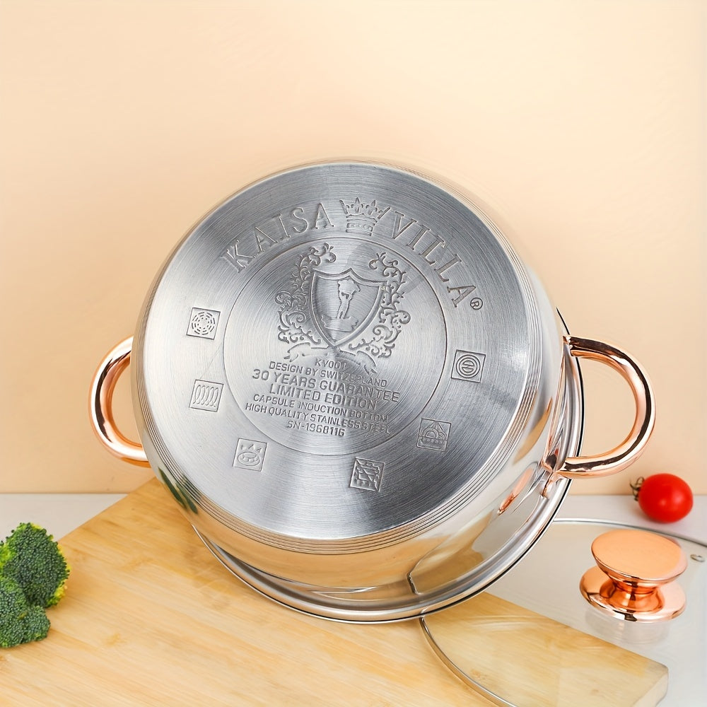 Olla de sopa de acero inoxidable de 5 capas con doble asa, compatible con inducción, acabado antiadherente