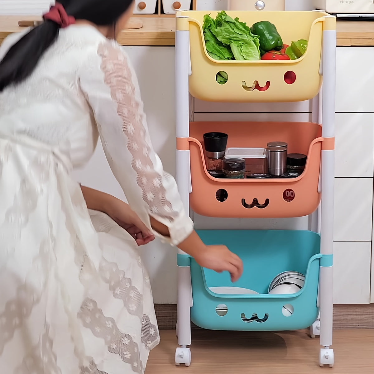 Storage Cart with Swivel Wheels for Home Organization of Snacks Toys Wipes and Books Four Tiers