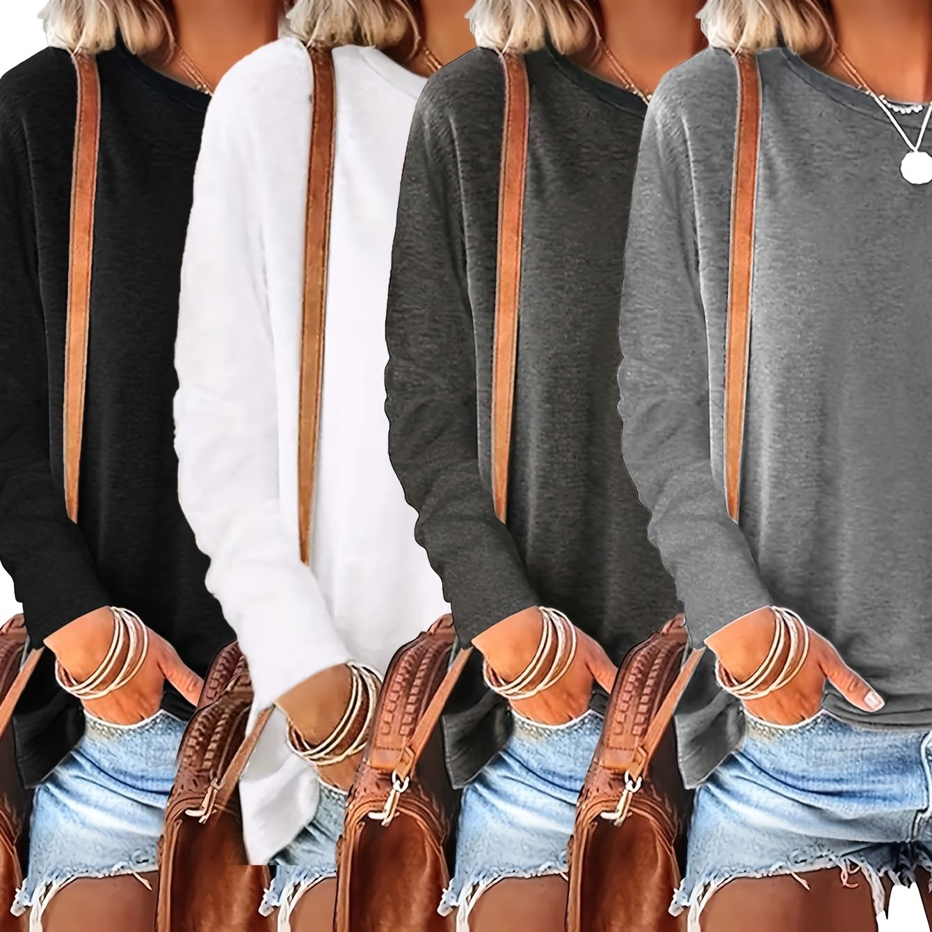 Women's Solid Color Round Neck Long Sleeve Casual Tops for Spring and Autumn