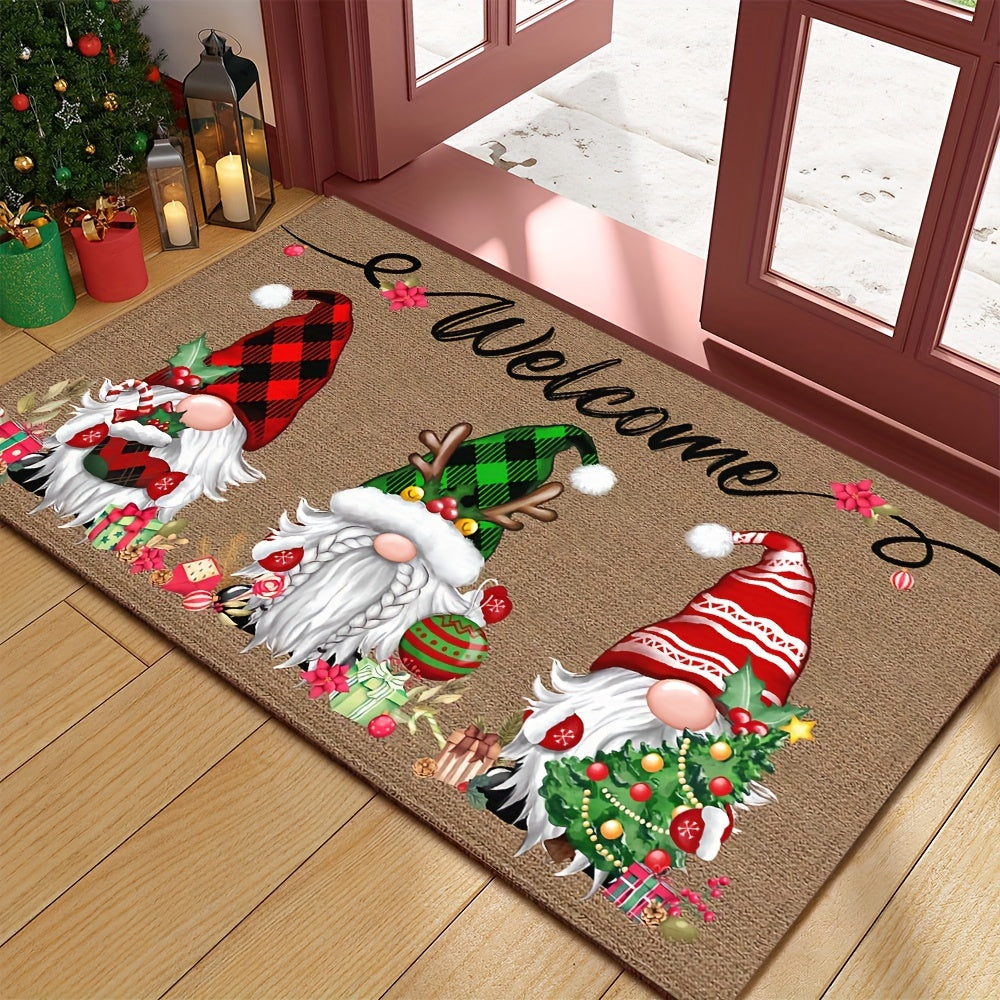 Festive Christmas Gnome Welcome Doormat 6mm Thick Non-Slip Polyester