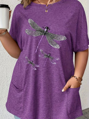 Plus Size Women's T-Shirt with Dragonfly Print Crew Neck Short Sleeves Pockets Polyester Blend