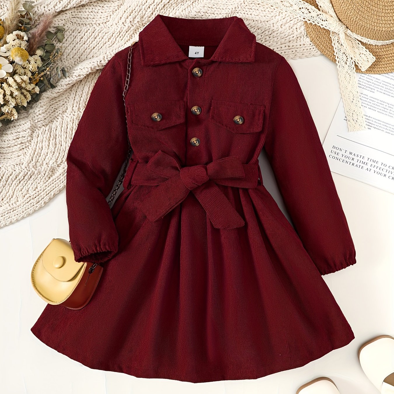 Toddler Girls Solid Midi Dress with Long Sleeves Bow Belt for Parties and Winter