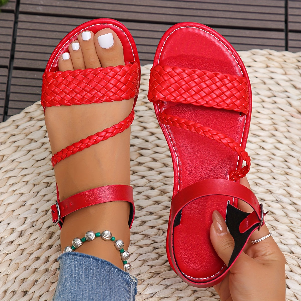 Women's Ankle Buckle Sandals with Braided Strap Synthetic Open Toe Summer Footwear