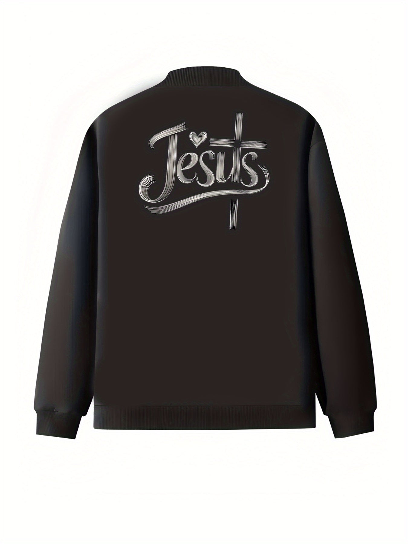 Women's Plus Size Bomber Jacket with Jesus Graphic Black Long Sleeve