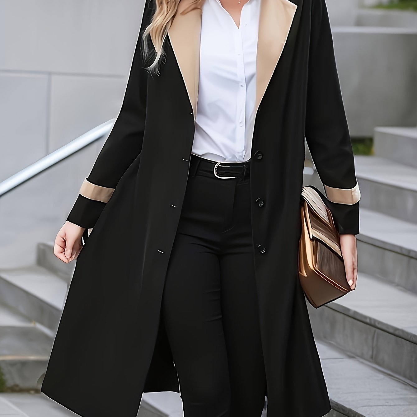 Women's Mid-Length Trench Coat with Belted Lapel Long Sleeves Solid Polyester