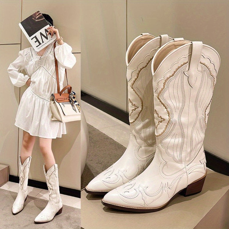 Women's Ankle Boots Faux Leather Floral Embossed Low Block Heel Zipper White