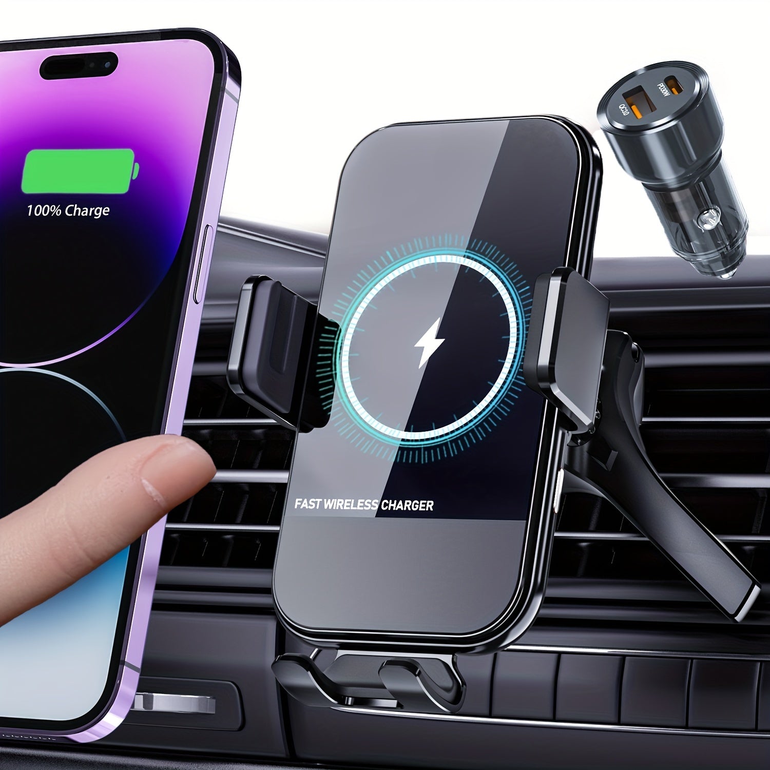 Cargador inalámbrico para coche Qi de carga rápida con sujeción automática y soporte para teléfono para ventilación