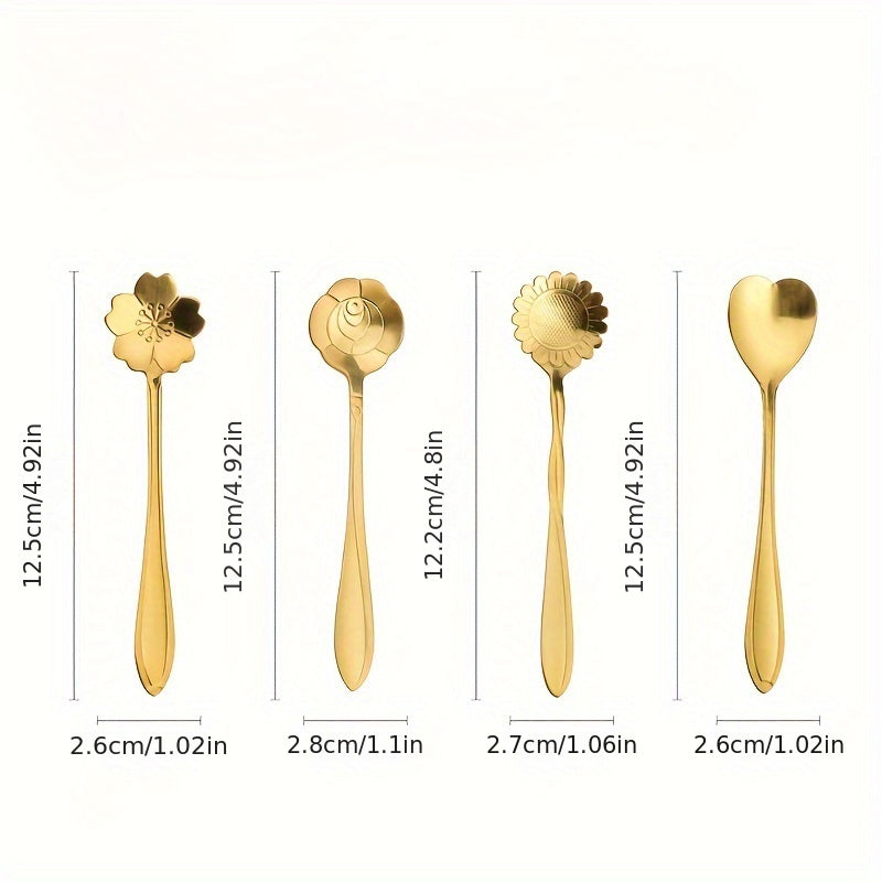 Juego de 8 cucharas pequeñas de acero inoxidable con forma de flor para café, té y postres en plata y oro
