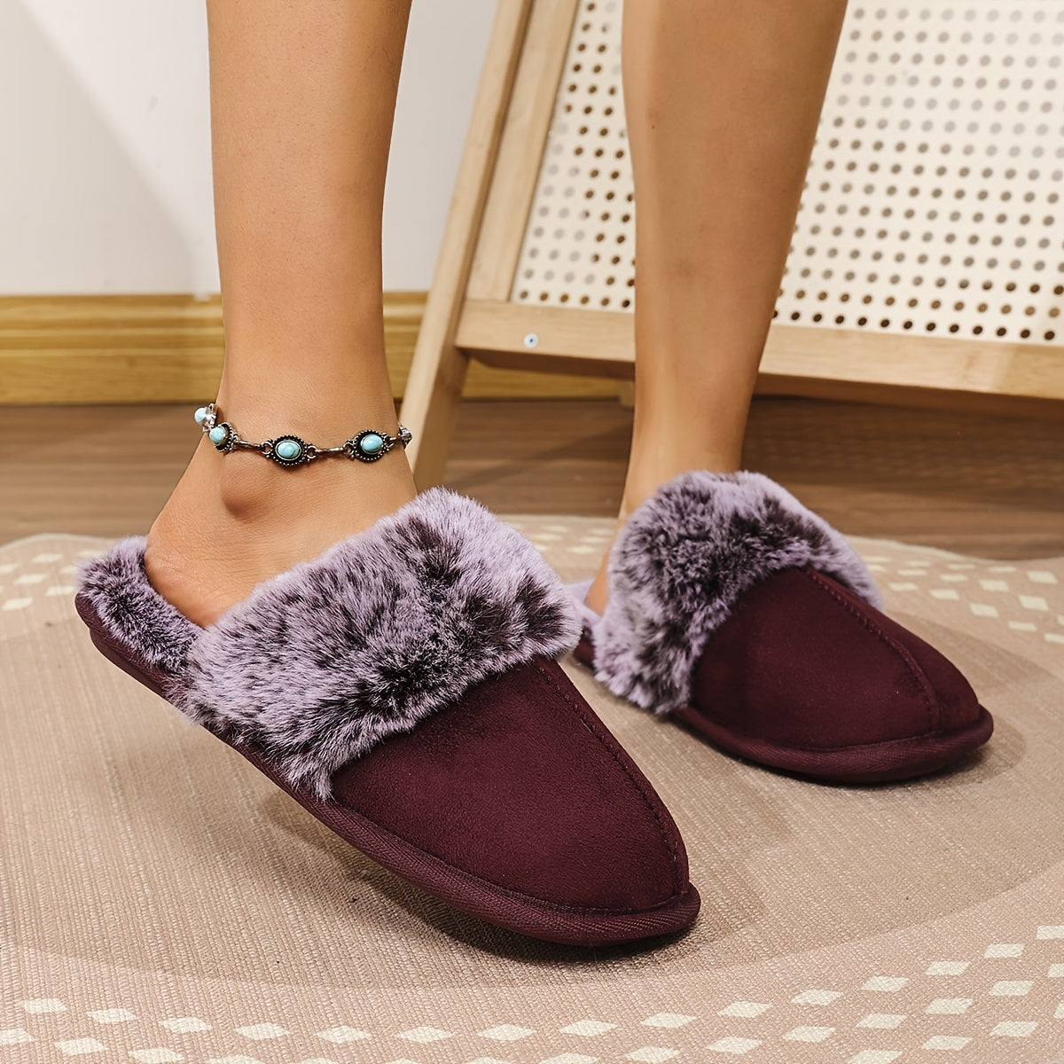 Women's Plush Lined Slippers with Glittery Gold Sole Indoor House Shoes