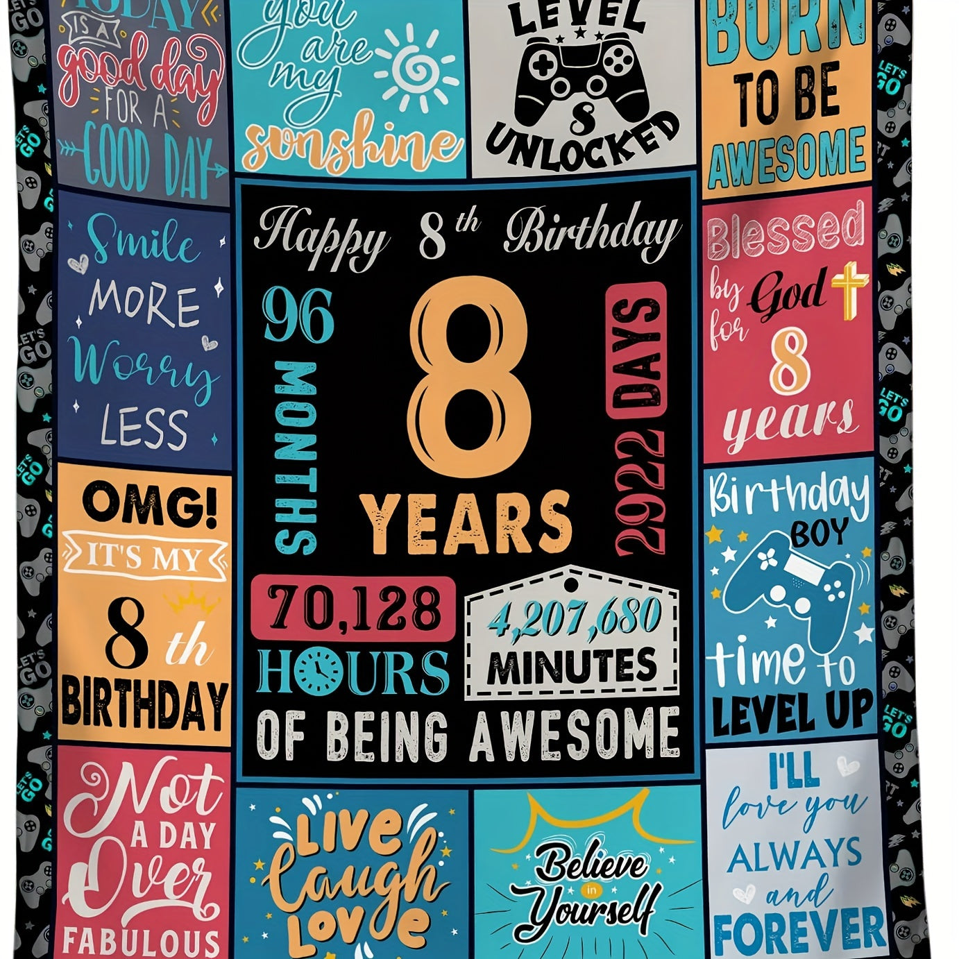 8th Birthday Flannel Blanket All-Season Throw for Boys and Girls