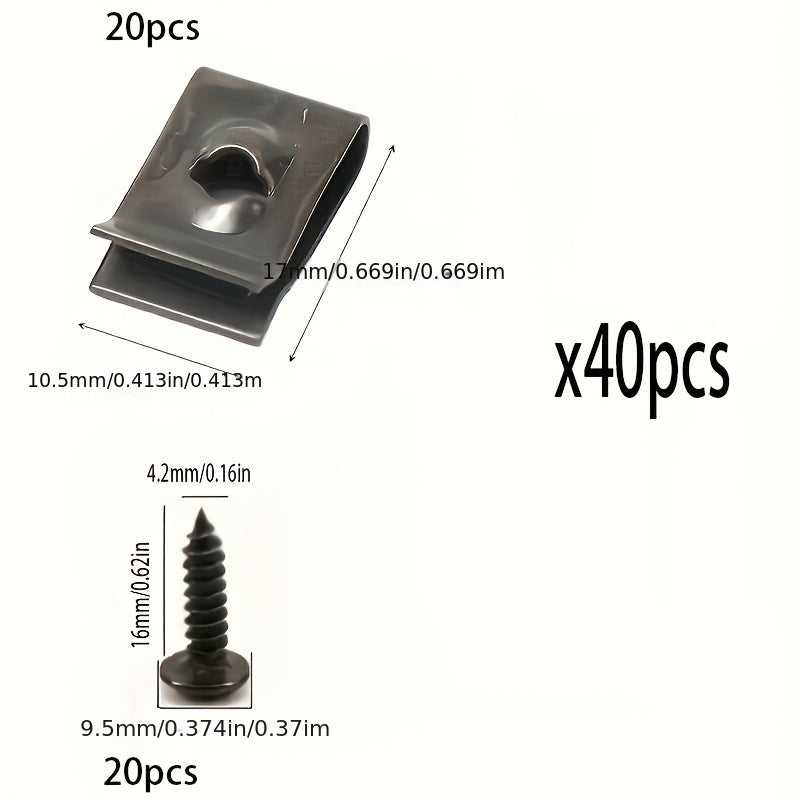 40 piezas de clips en U de metal y tornillos para coche, motocicleta, scooter, ATV, moped, bicicleta eléctrica