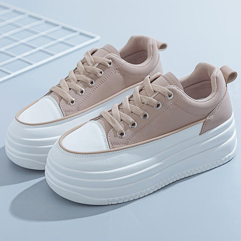 Women's Casual White PU Low-Top Sneakers with Breathable Fabric
