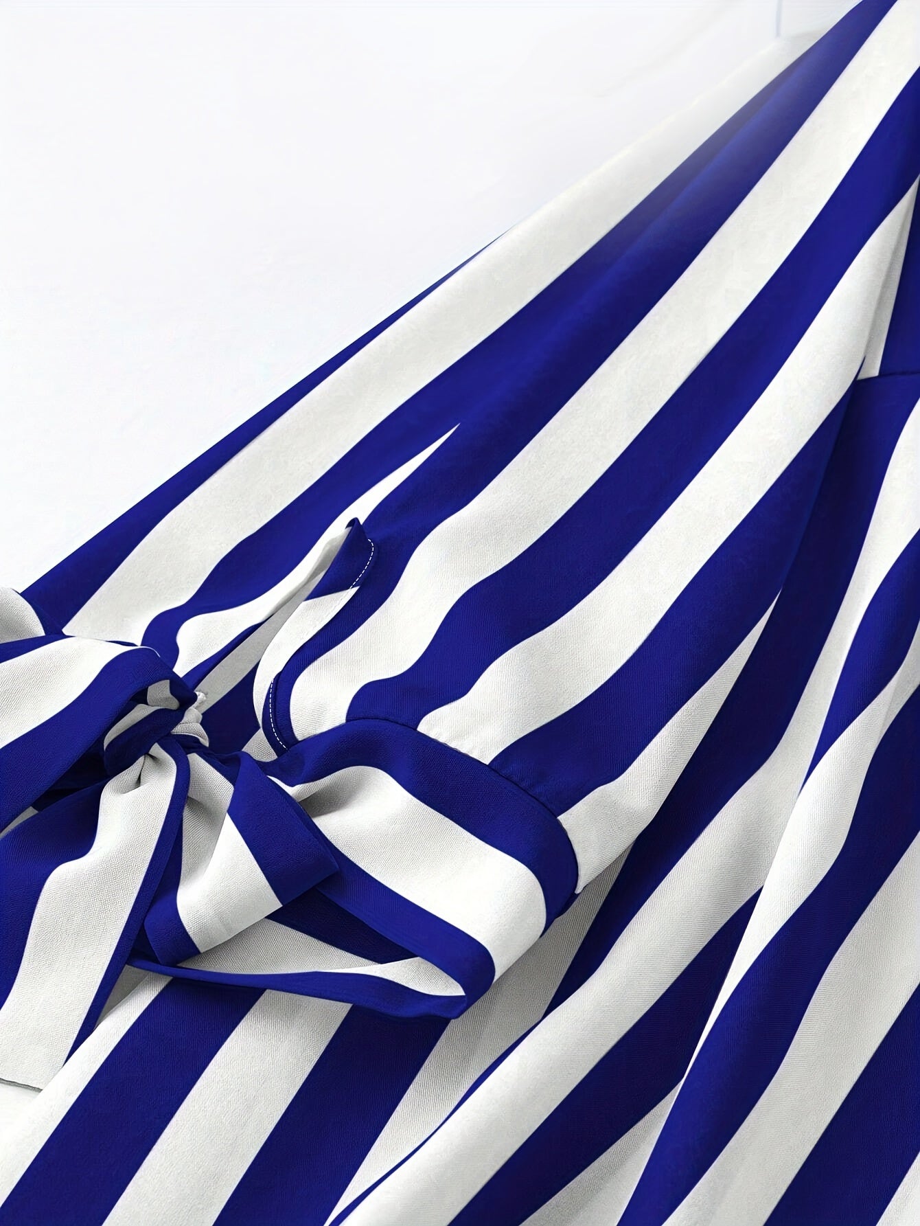 Plus Size Striped Blouse with Notched Neck Tie Cuff for Spring