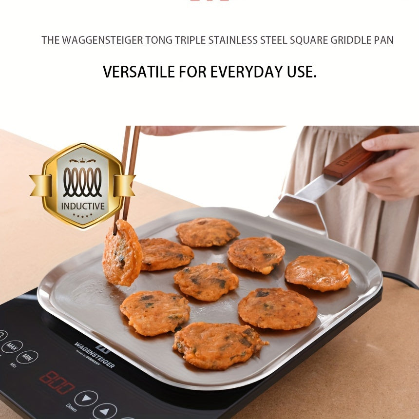 Квадратная сковорода с тройным слоем нержавеющей стали - 29*29 см, с деревянной ручкой, плоским дизайном для жарки стейков и яиц, идеальна для домашнего и уличного использования, высококачественная посуда с равномерным нагревом и долговечностью.