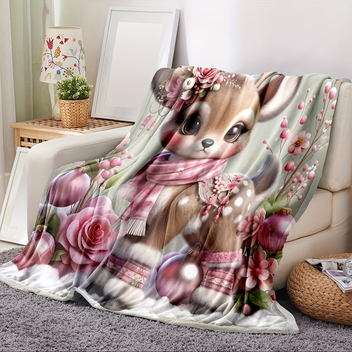 Deer Print Flannel Throw Blanket for Bed Couch Travel All-Season Cozy