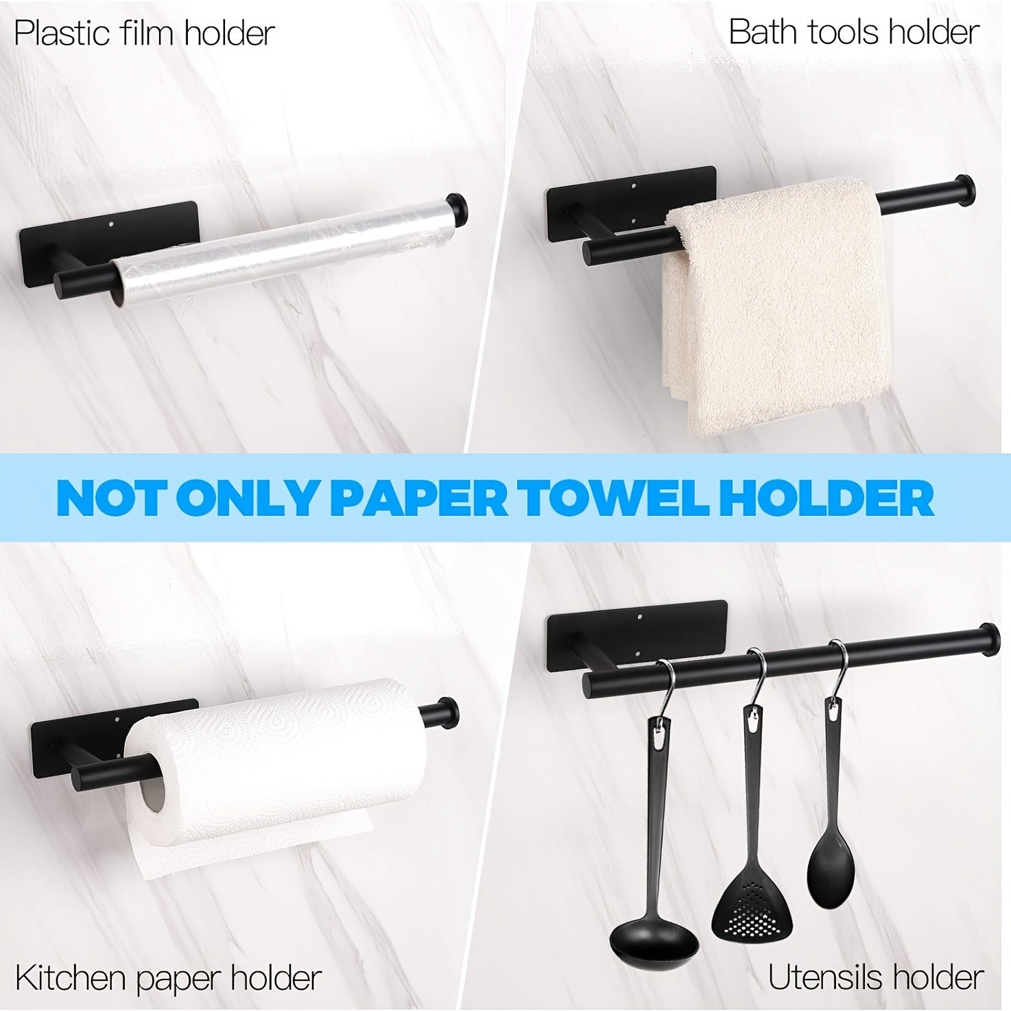 Black Stainless Steel Paper Towel Holder Wall Mount or Self-Adhesive Kitchen Bathroom