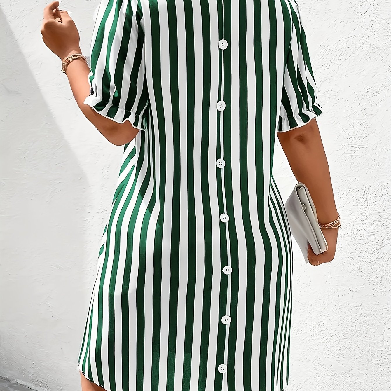 Plus-Size Striped Dress with Flutter Short Sleeves and V-Neck for Women