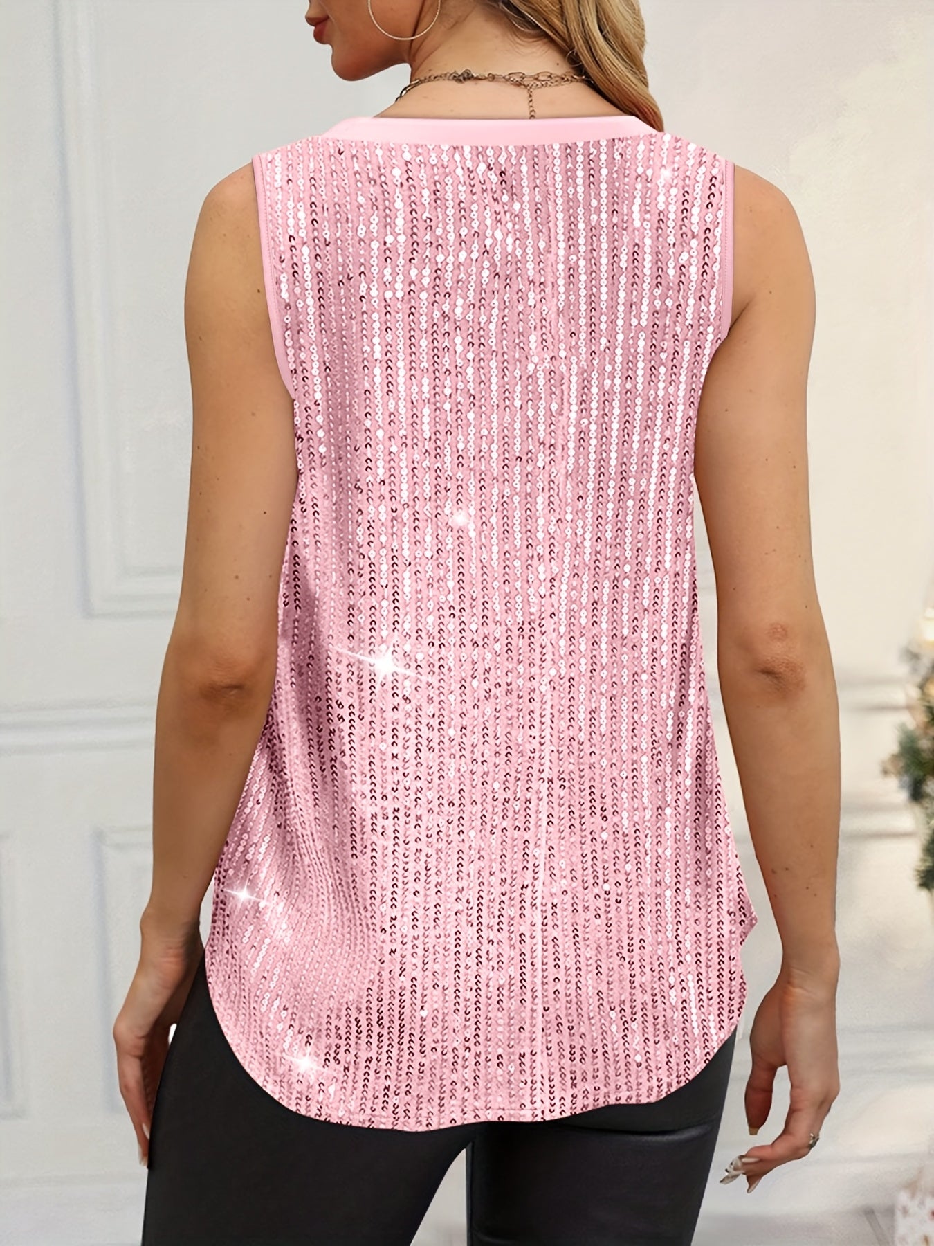 Women Sequin V-Neck Sleeveless Tank Top Pink Plus Size Spring Summer