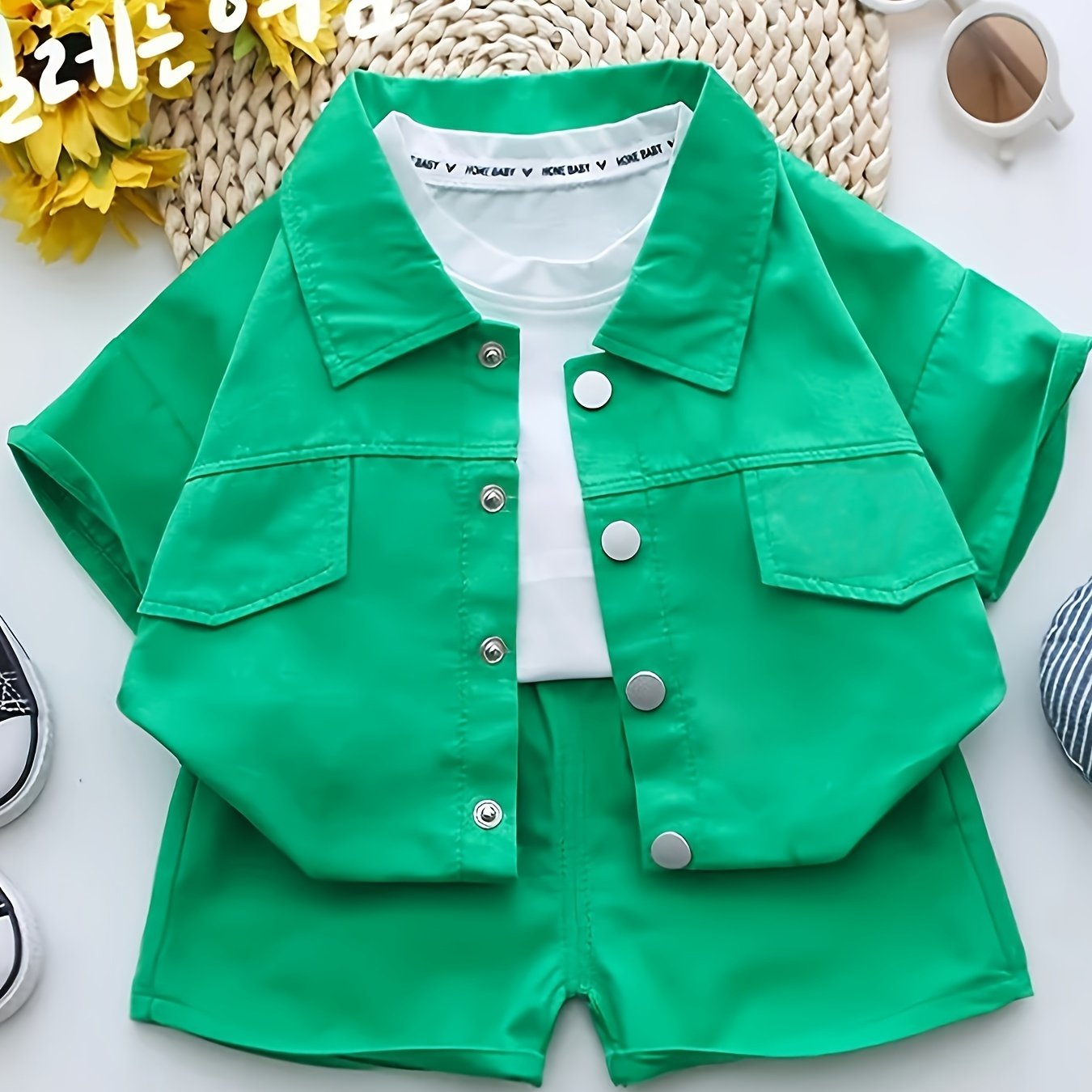 Boys Summer Cotton Shirt Set Short Sleeve Button-Up Lapel Shirt with Logo Shorts