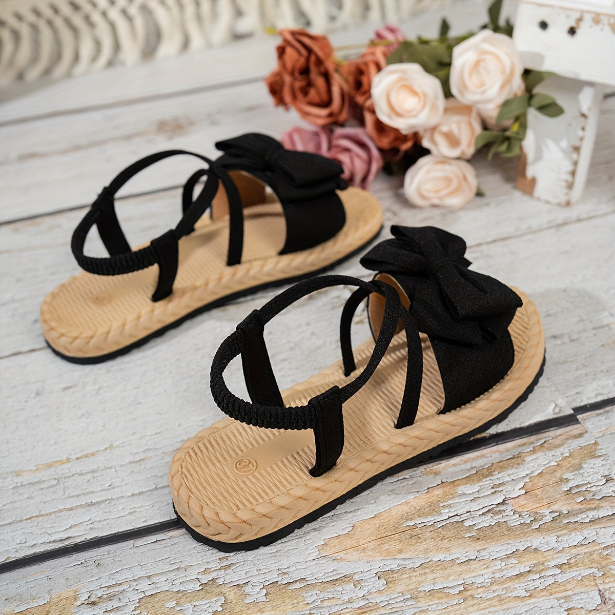 Women's Open Toe Bow Decorated Ankle Strap Flat Sandals Black Summer