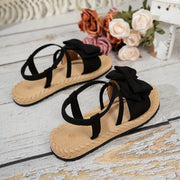 Women's Open Toe Bow Decorated Ankle Strap Flat Sandals Black Summer
