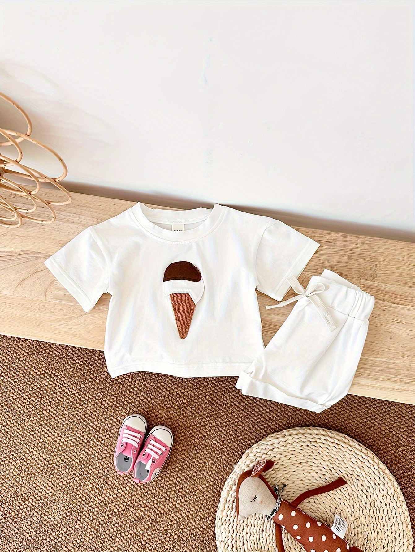 Девочки, летний хлопковый микс с аппликацией мороженого, двухпредметный комплект с коротким рукавом и шортами