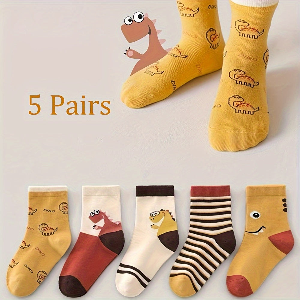 Boys' Cartoon Dinosaur Socks 5 Pairs Fall Winter Color Block Crew Socks