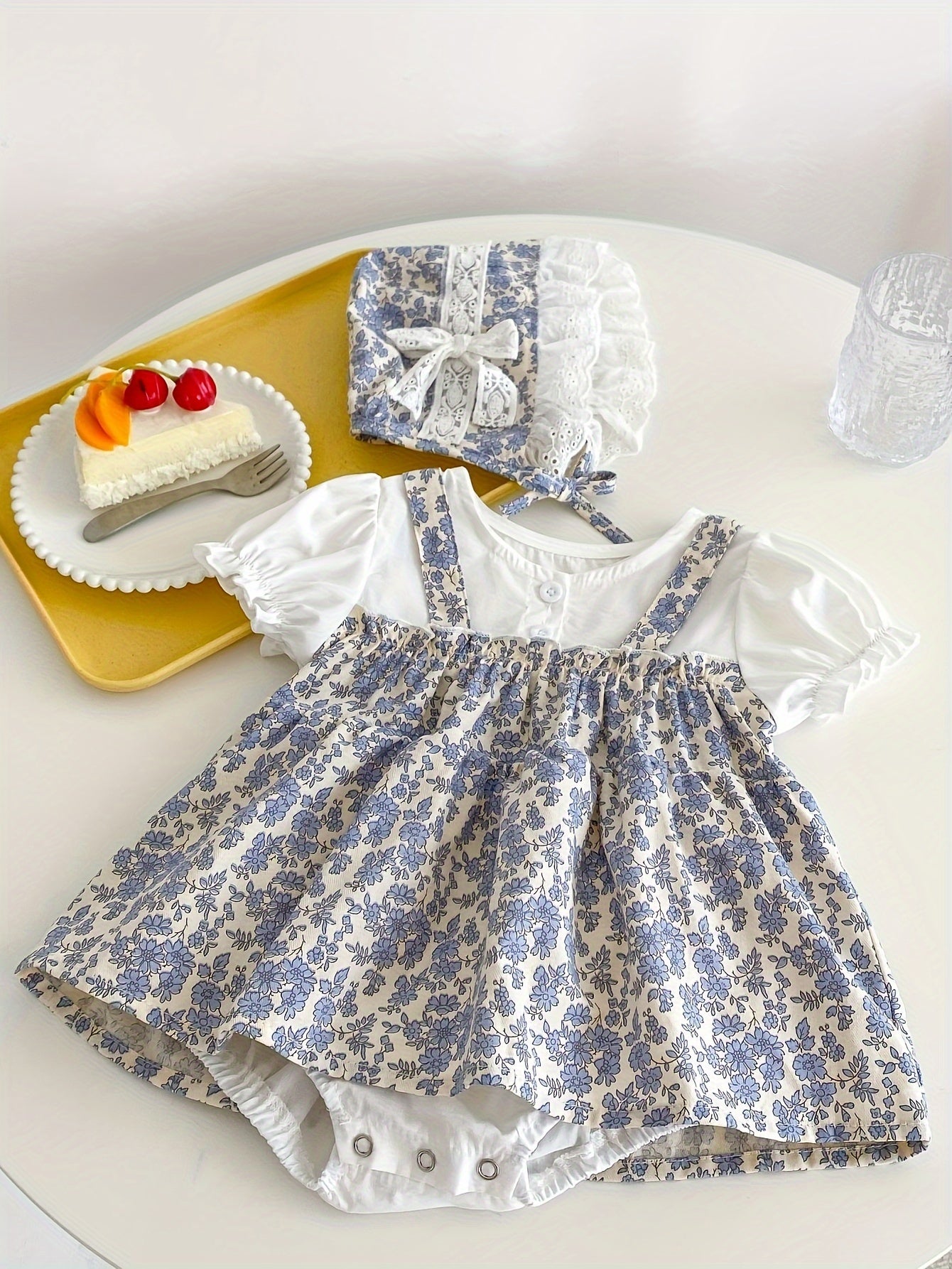 Kichkina qiz uchun gul bilan bezatilgan romper kiyi, puff qo'llari va mos keladigan shlyapa bilan, bolalar va chaqaloqlar uchun yozgi kiyim